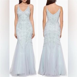 Xscape Womens Light Blue Embellished Spaghetti
Strap V Neck Full-Length Evening
